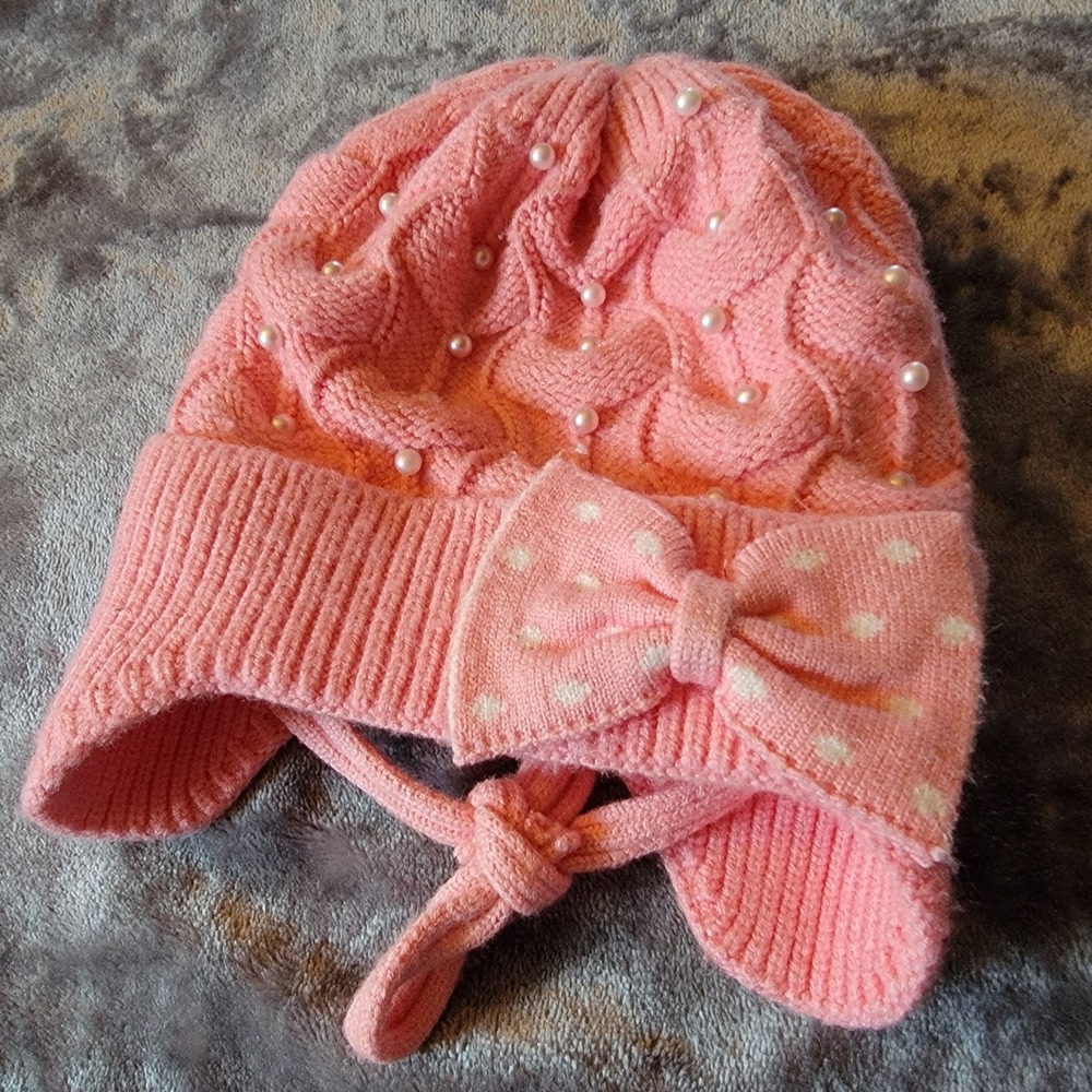 Girls Attitude Trapper Hat OS Pink Excellent Bow Pearl Cable Knit Chin StrapM871
